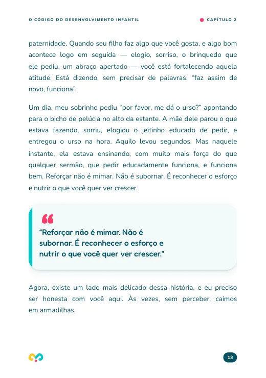 Página do capítulo 2 com a frase: reforçar não é mimar, não é subornar, é reconhecer o esforço