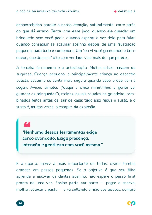 Página do capítulo 5 sobre antecipação e passos pequenos, com a frase: nenhuma dessas ferramentas exige curso avançado