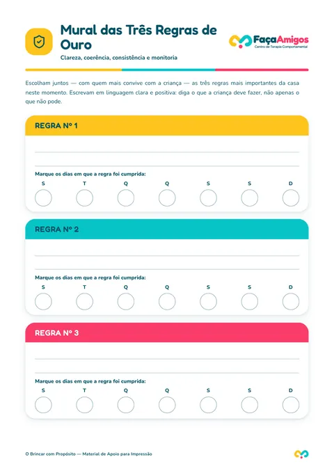 Folha A4 do Mural das três regras de ouro com calendário semanal