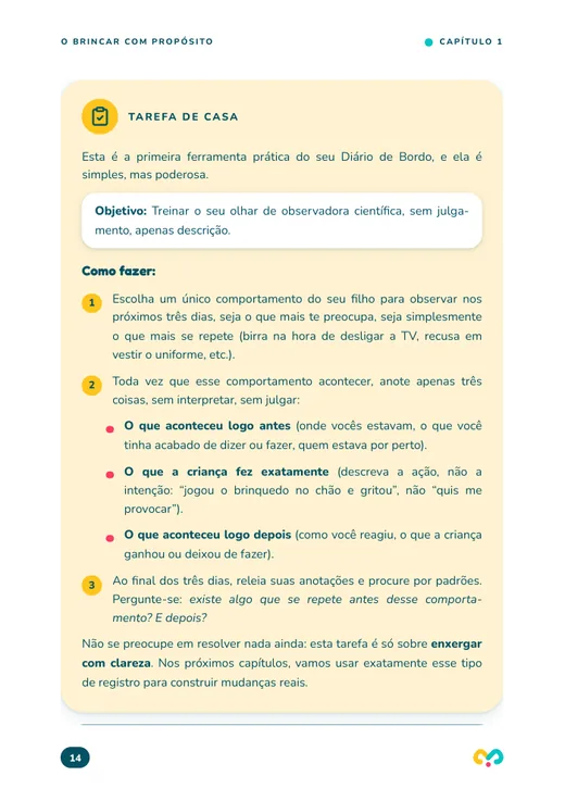 Caixa de Tarefa de Casa com objetivo e passo a passo numerado